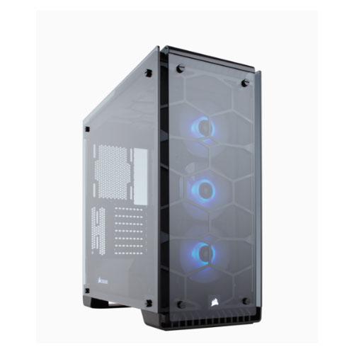 CORSAIR 570X RGB ATX Gaming Case with tempered glass panels and RGB LED fans, showcasing a sleek and modern design.