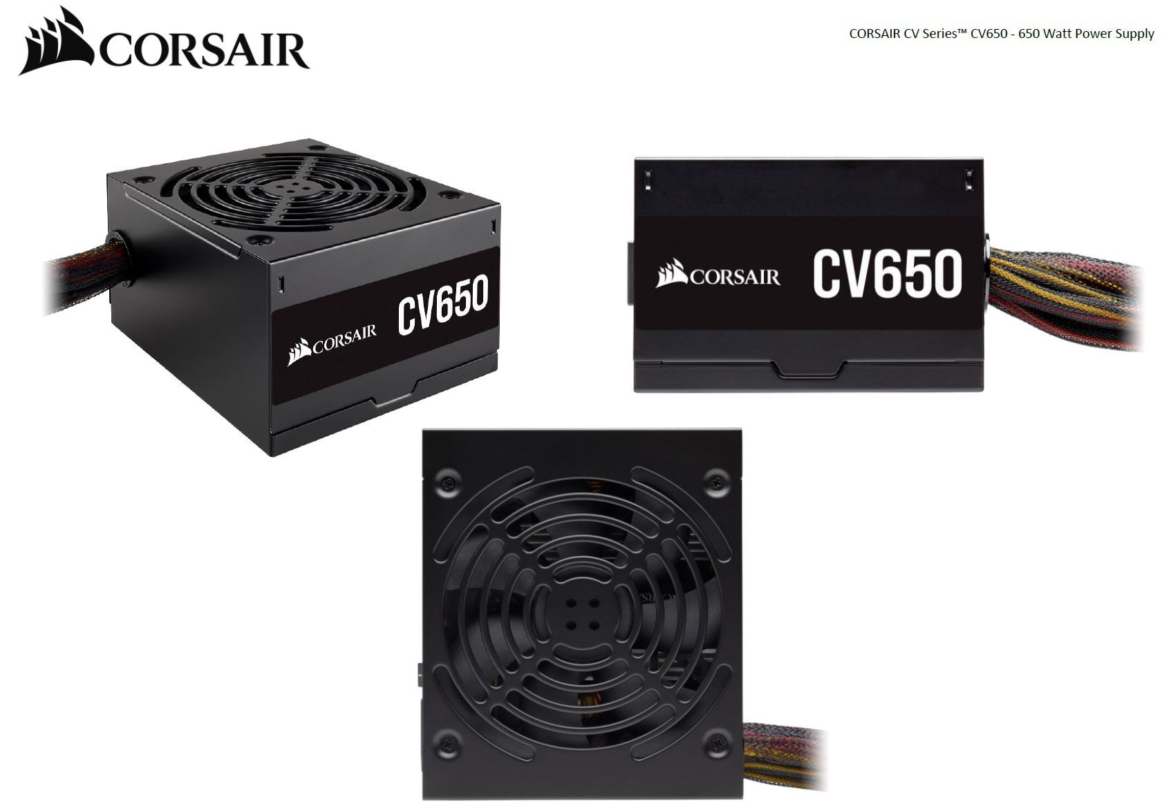 CORSAIR 650W CV Series CV650 power supply with compact design and black sleeved cables, ideal for modern PC builds.