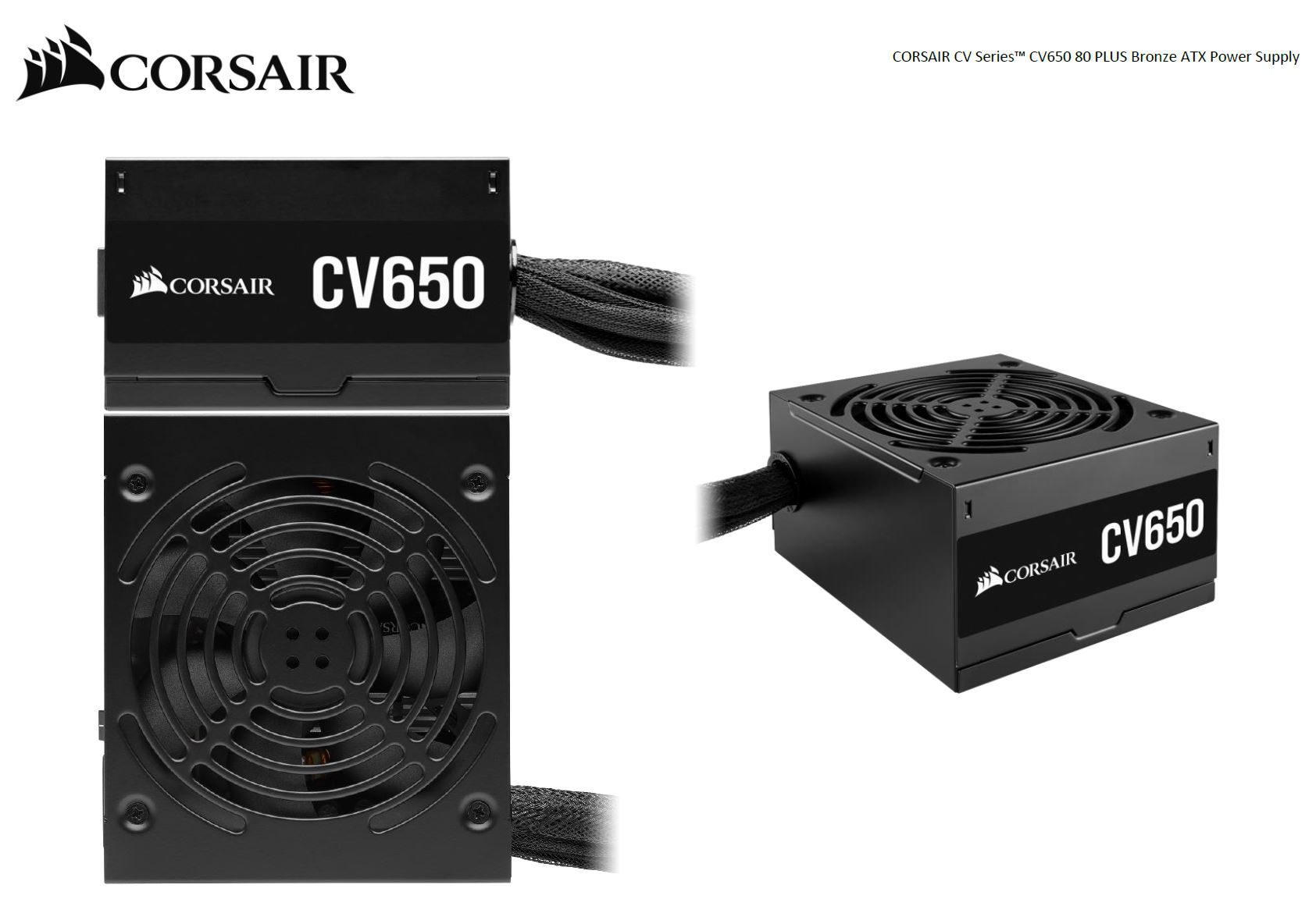 CORSAIR 650W CV Series CV650 V2 power supply with black sleeved cables and compact design.