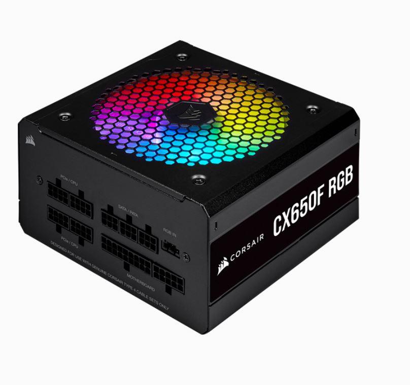 CORSAIR 650w CX650F RGB power supply with customizable RGB lighting and fully modular design.