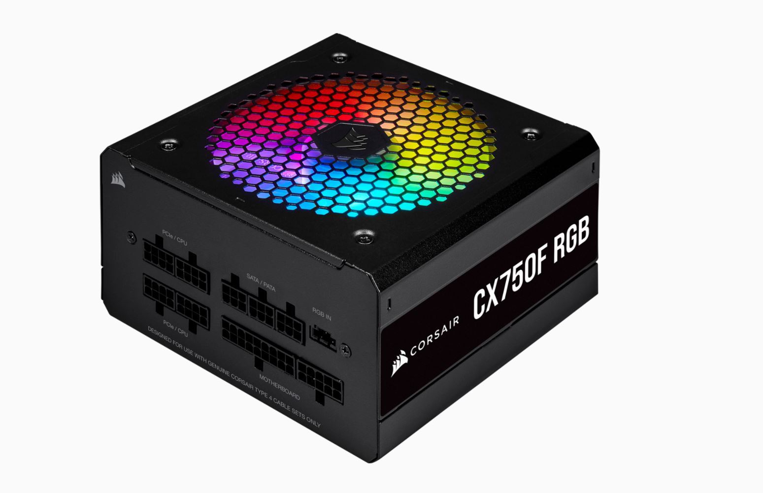 CORSAIR 750w CX750F RGB power supply with customizable RGB lighting and fully modular design, featuring a 120mm fan.