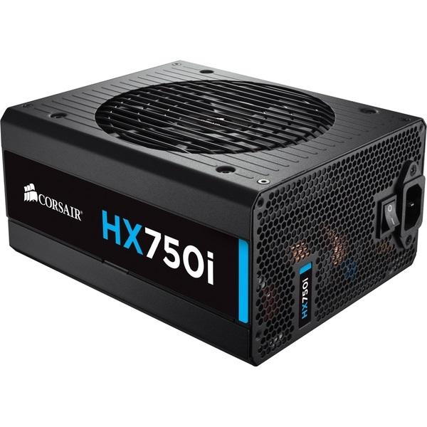 CORSAIR 750W HXi 80+ Platinum Fully Modular Power Supply with 140mm fan, showcasing its sleek design and modular cables.