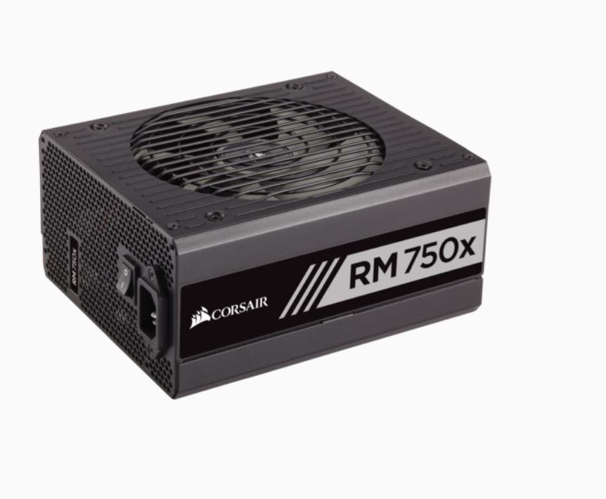 CORSAIR 750W RMX 80+ Gold Fully Modular ATX PSU with 135mm fan, showcasing its sleek design and modular cables.