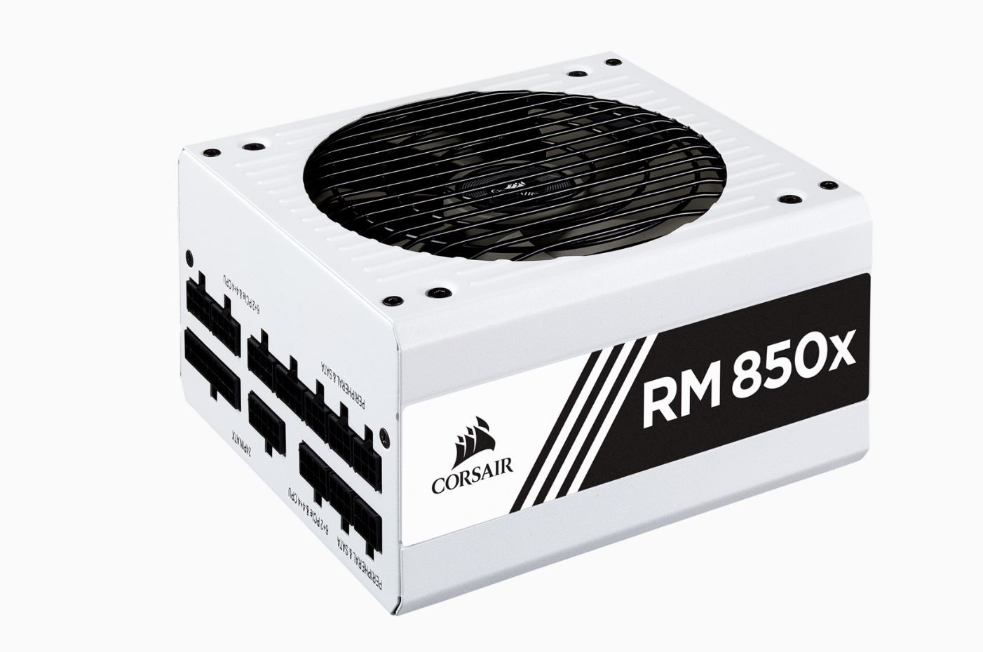 CORSAIR 850W RMX White PSU with fully modular cables and 135mm fan, showcasing its sleek design and efficient cooling features.