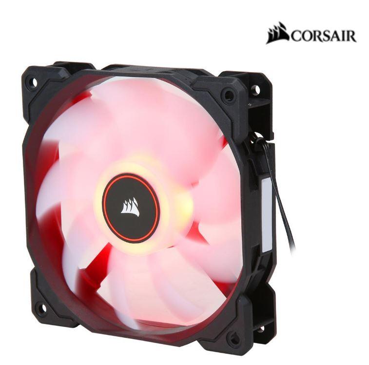 CORSAIR Air Flow 120mm Fan Low Noise Edition with red LED lighting, showcasing its sleek design and efficient cooling capabilities.