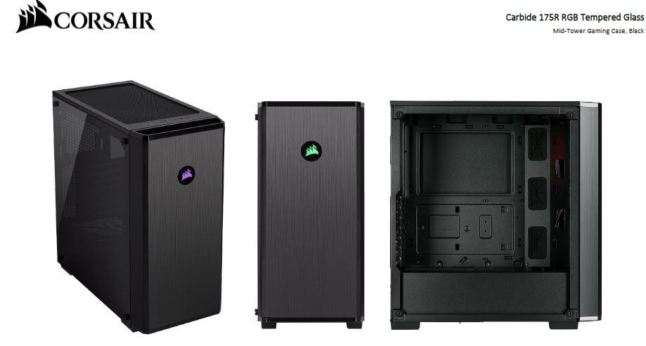 CORSAIR Carbide 175R RGB ATX case showcasing tempered glass side panel and RGB fan lighting.