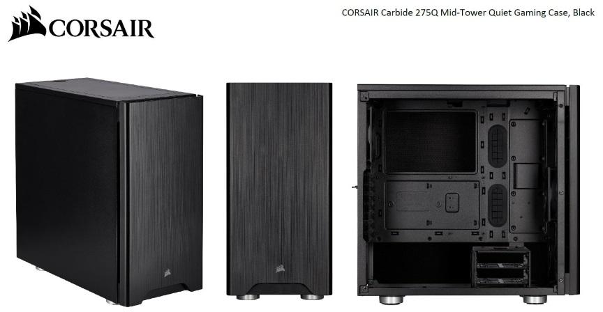 CORSAIR Carbide Series 275Q Mid-Tower Quiet ATX Case with minimalist design and sound damping panels.