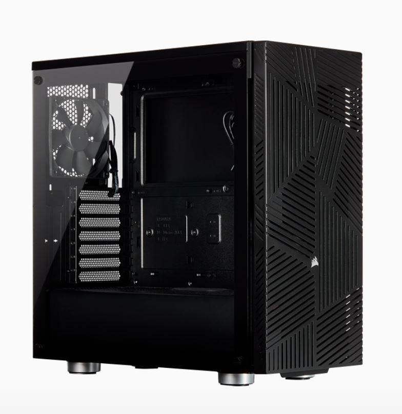 Corsair Carbide Series 275R Airflow ATX case with tempered glass side panel and slatted front design, showcasing three 120mm fans.