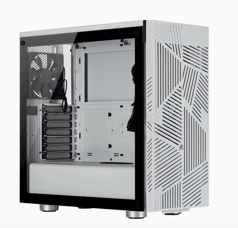 Corsair Carbide Series 275R Airflow ATX case in white with tempered glass side panel and slatted front design.