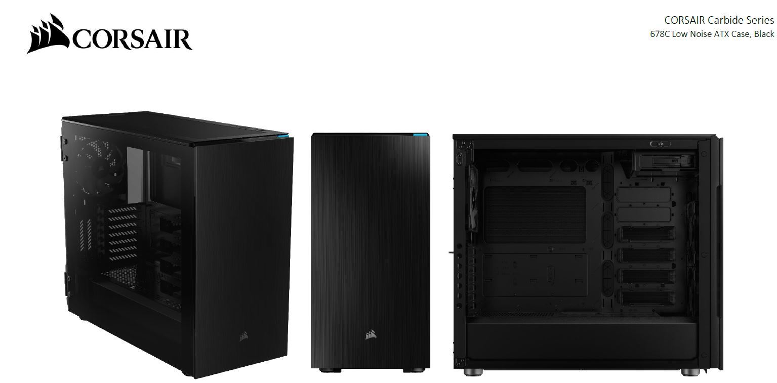 CORSAIR Carbide Series 678C E-ATX case with tempered glass side panel and sleek design, showcasing advanced cooling features.