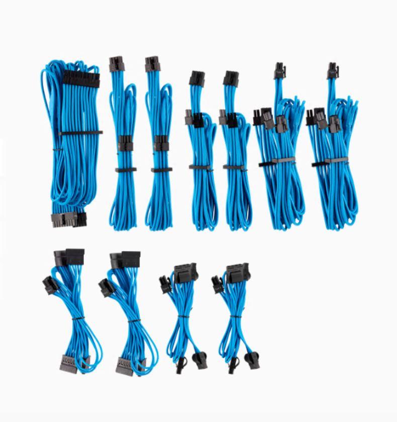 CORSAIR Premium Individually Sleeved DC Cable Pro kit featuring vibrant paracord sleeves in various colors, showcasing cable combs and connectors.