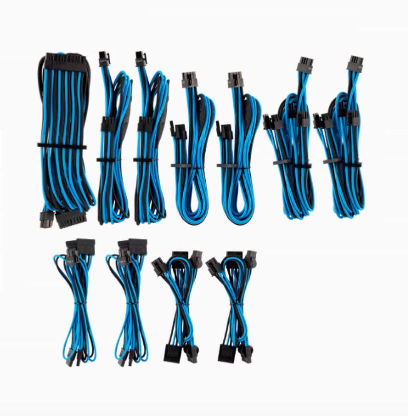 CORSAIR Premium Individually Sleeved DC Cable in blue and black, showcasing its flexible paracord sleeve and professional cable combs.