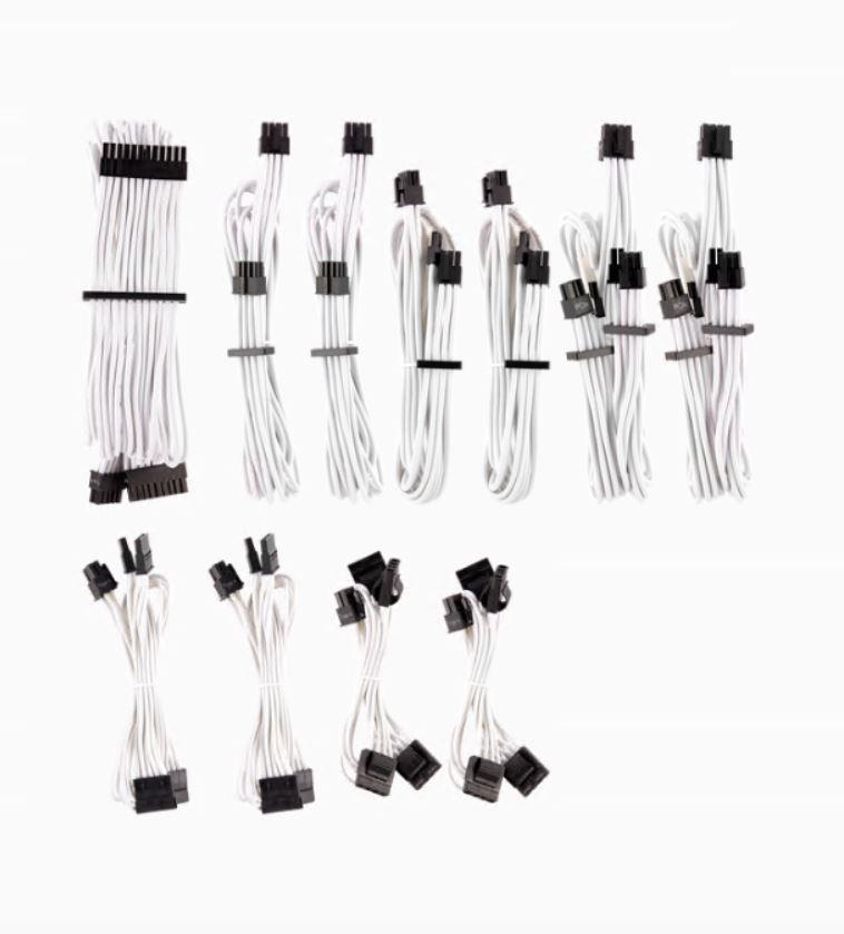 CORSAIR Premium Individually Sleeved DC Cable Pro kit showcasing various colors and patterns with neatly arranged cables.