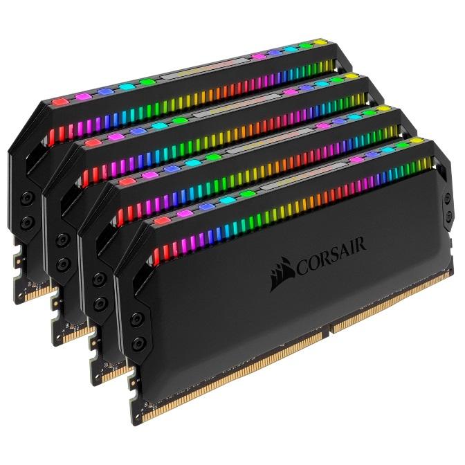 CORSAIR Dominator Platinum RGB 32GB DDR4 memory kit featuring four 8GB modules with RGB lighting and anodized aluminum heatspreaders.