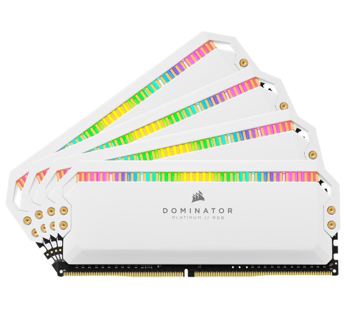 CORSAIR Dominator Platinum RGB 32GB DDR4 memory kit featuring four 8GB modules with white heatspreaders and RGB lighting.