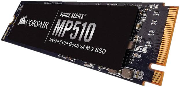 CORSAIR Force MP510 960GB NVMe PCIe SSD M.2 with 3D TLC NAND technology, showcasing its compact design and high-performance specifications.