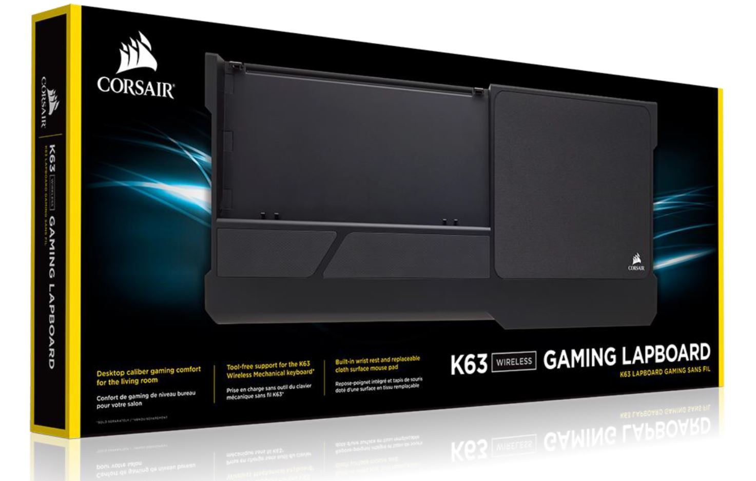 CORSAIR K63 Wireless Gaming Lapboard with memory foam cushion and mouse pad, designed for comfort and performance.