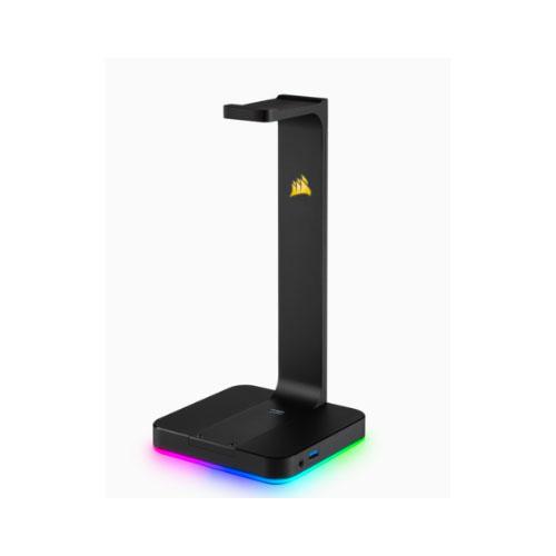 Corsair Gaming ST100 RGB headset stand showcasing premium aluminum design and customizable RGB lighting.