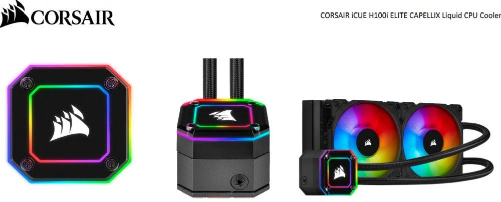 CORSAIR H100i Elite CAPELLIX Liquid CPU Cooler with RGB lighting and 240mm radiator.