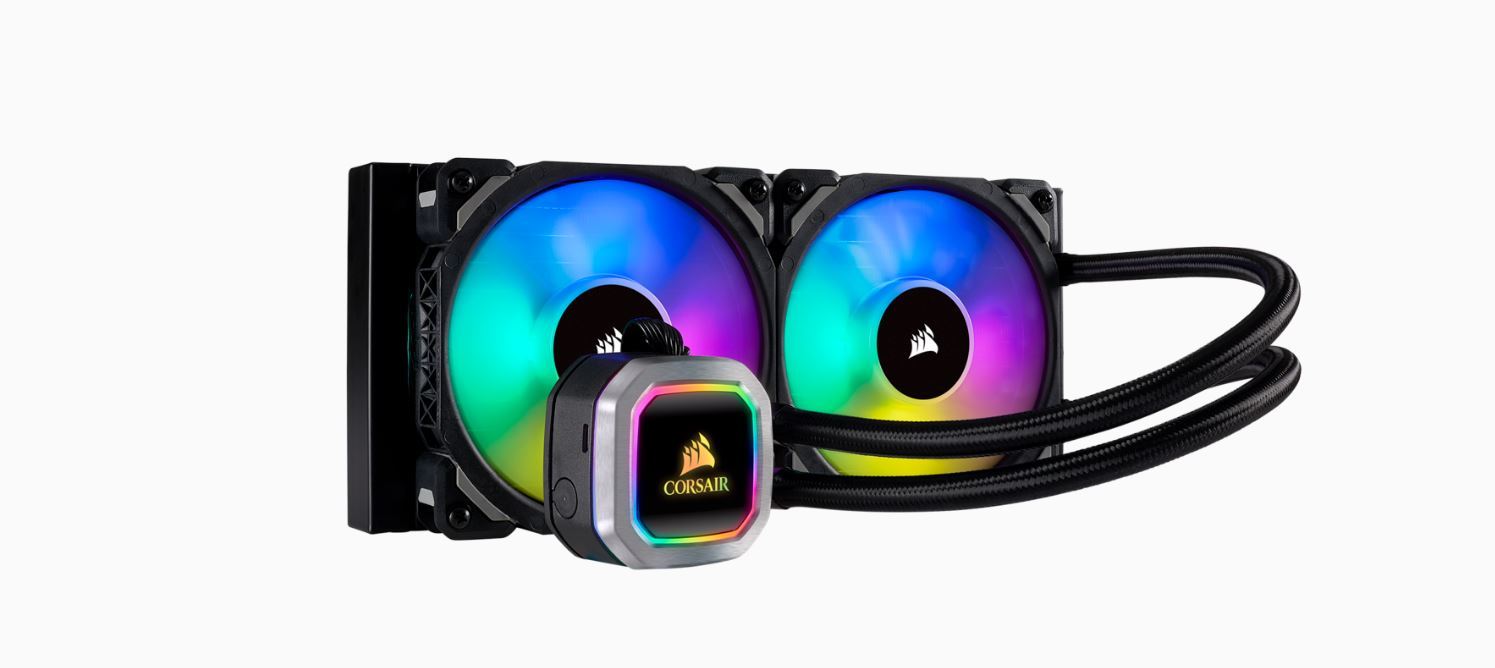 CORSAIR Hydro Series H100i 240mm RGB PLATINUM Liquid CPU Cooler with RGB lighting and dual fans.