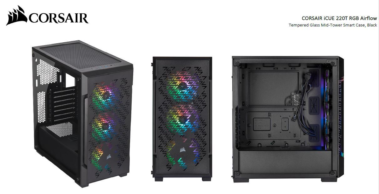 CORSAIR iCUE 220T RGB Airflow case showcasing a sleek black design with tempered glass side panel and RGB fans.