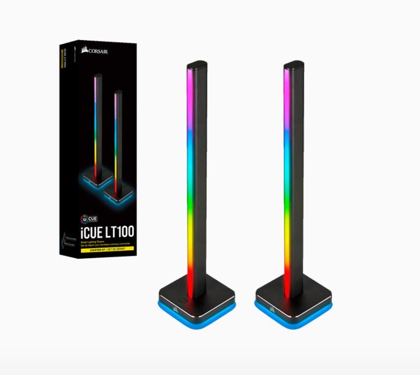 CORSAIR iCUE LT100 Smart Lighting Towers Starter Kit with RGB LEDs, base unit, and expansion unit for immersive ambient lighting.