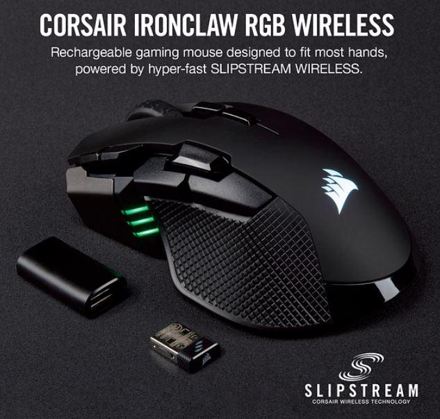 Corsair IRONCLAW RGB Wireless Gaming Mouse with ergonomic design and customizable RGB lighting.