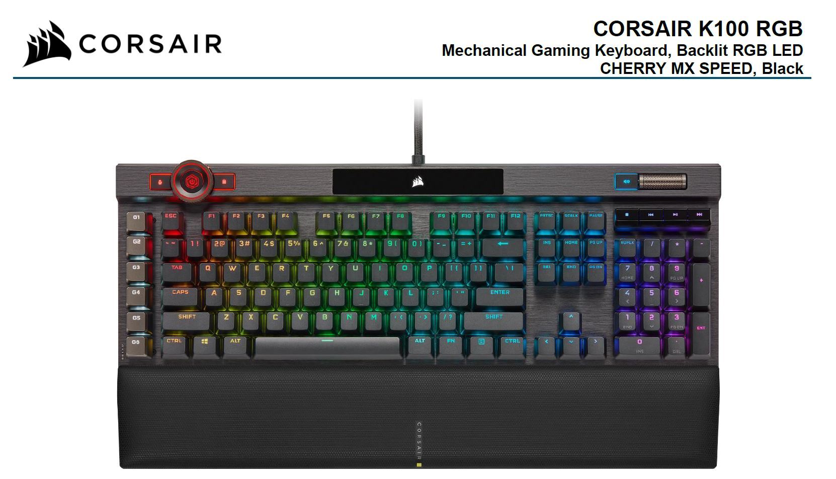 Corsair K100 RGB Mechanical Gaming Keyboard with Cherry MX SPEED switches and customizable RGB lighting, featuring a sleek aluminum design and detachable palm rest.