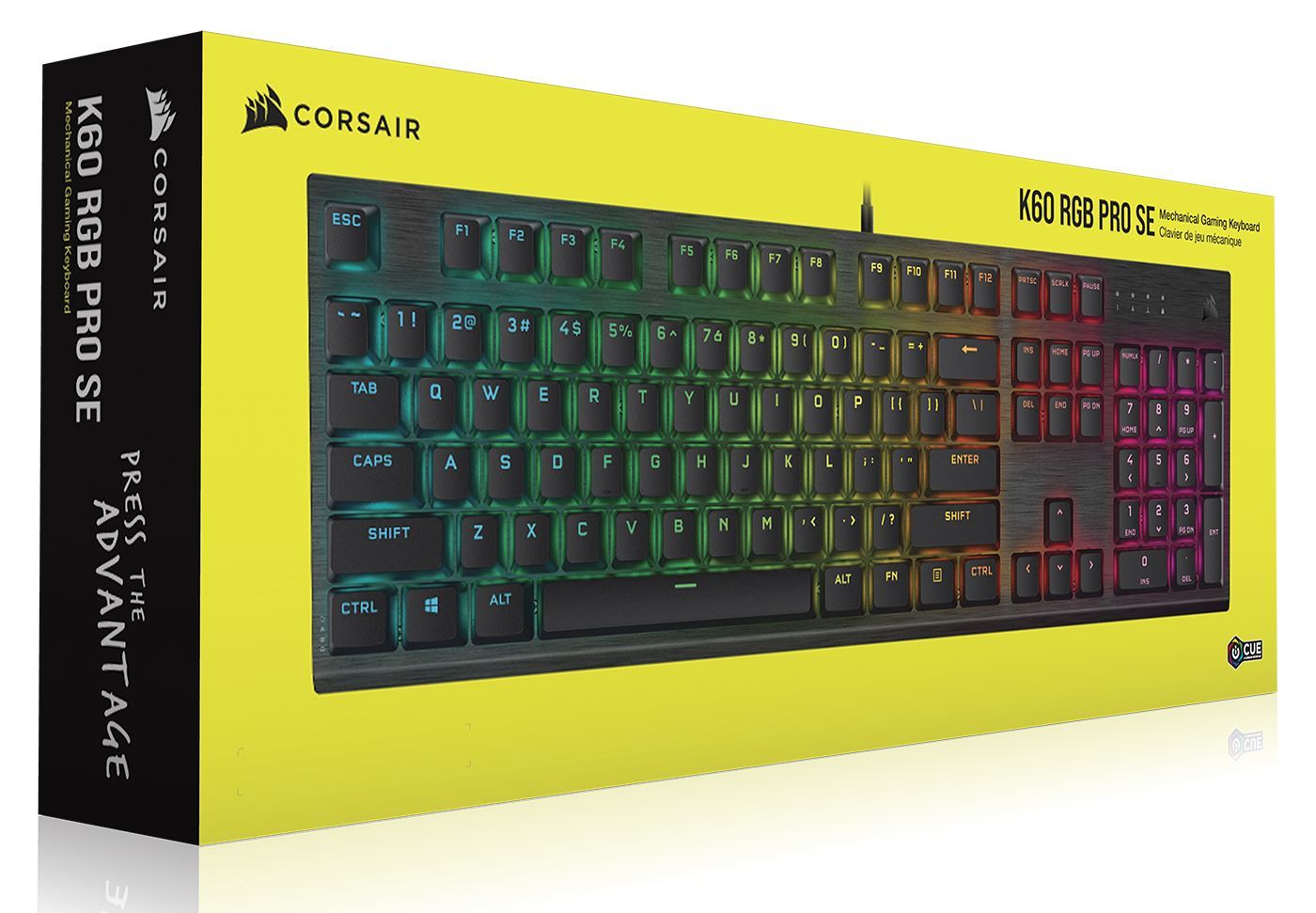 CORSAIR K60 RGB PRO SE Mechanical Gaming Keyboard with vibrant RGB lighting and a durable aluminum frame, featuring a detachable palm rest.