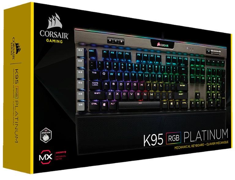 CORSAIR K95 RGB PLATINUM gaming keyboard with Cherry MX Speed switches and gunmetal silver trim, featuring customizable RGB lighting.