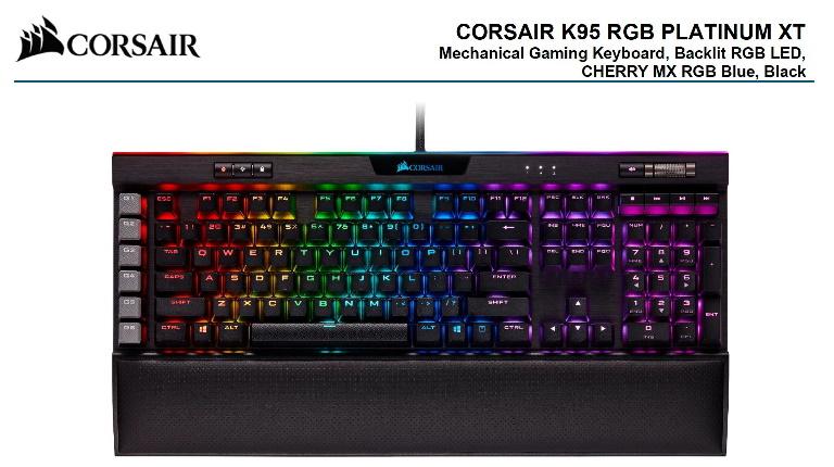 CORSAIR K95 RGB PLATINUM XT Mechanical Gaming Keyboard with Cherry MX Blue switches and dynamic RGB lighting.