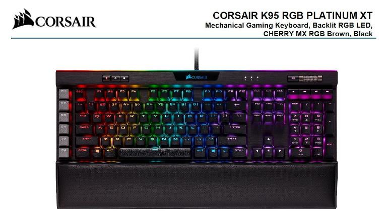 Corsair K95 RGB PLATINUM XT mechanical gaming keyboard with Cherry MX Brown switches and dynamic RGB lighting.