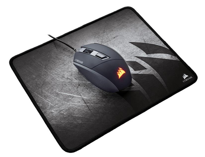 Corsair MM300 Anti-Fray Cloth Gaming Mouse Mat in medium size, featuring reinforced stitched edges and a textile-weaved surface for enhanced control.