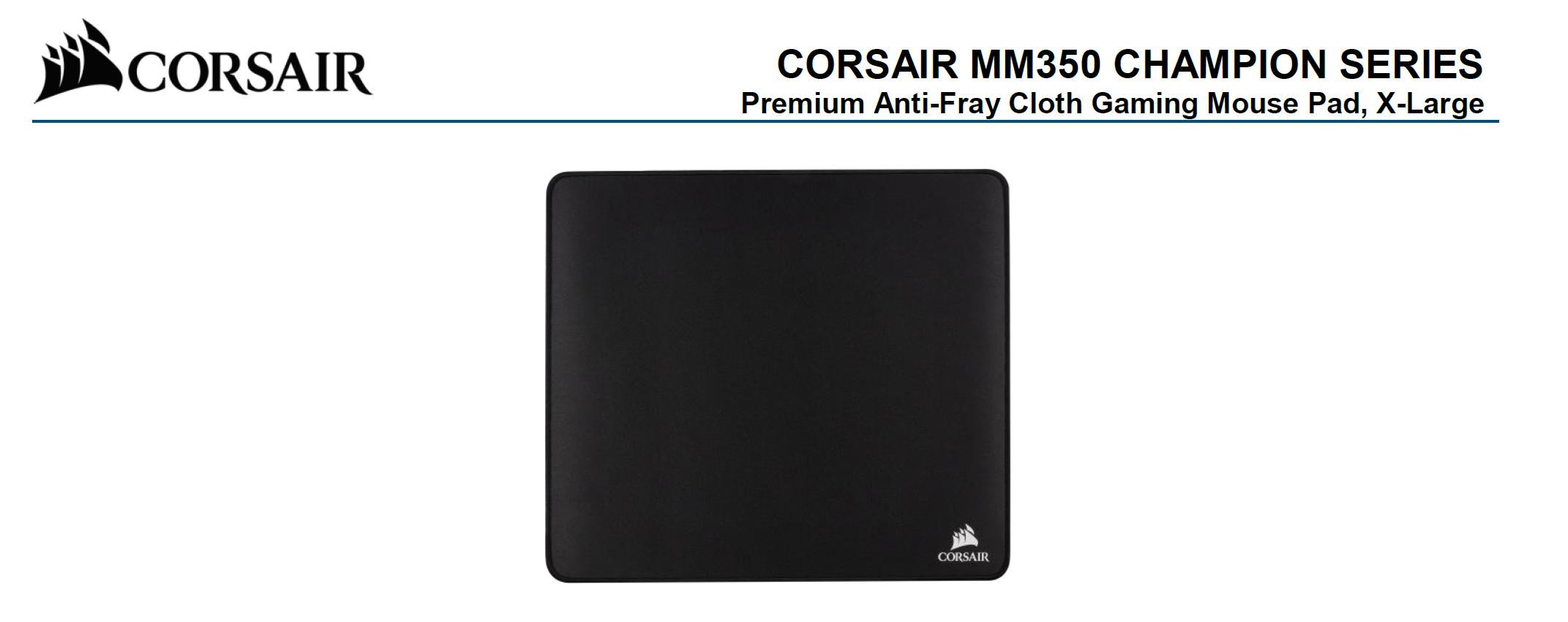 Corsair MM350 Champion Series X-Large Anti-Fray Cloth Gaming Mouse Pad with a solid black surface and anti-fray edges.