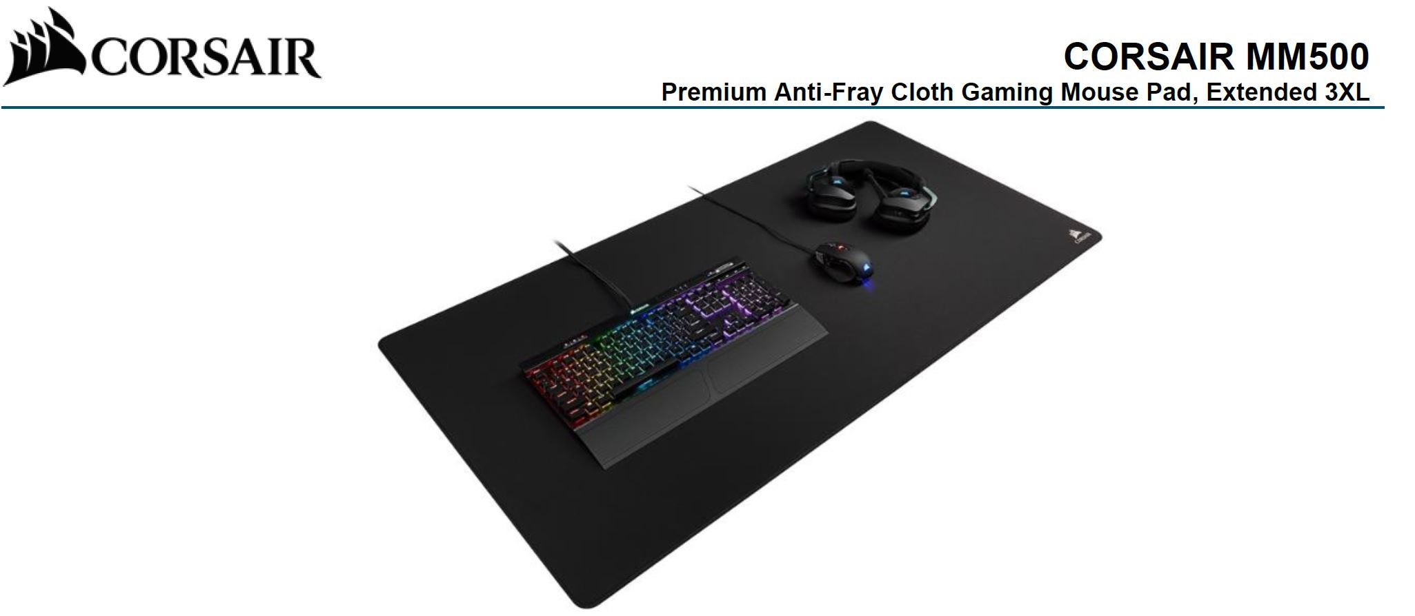 Corsair MM500 Extended 3XL Gaming Mouse Pad with anti-fray edges and textured rubber base, measuring 1220mm x 610mm.