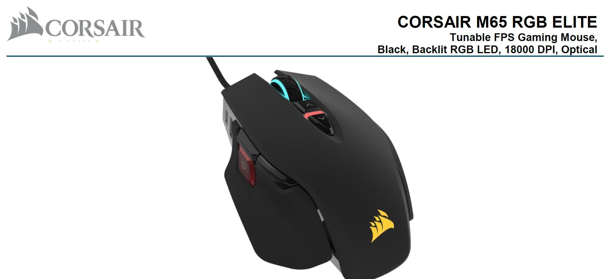 CORSAIR M65 RGB ELITE Tunable FPS Gaming Mouse in black with RGB lighting and adjustable weight system.