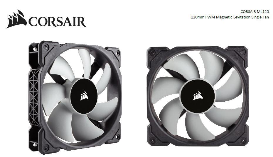 CORSAIR ML120 120mm PWM fan showcasing magnetic levitation technology and custom rotor design for optimal cooling performance.