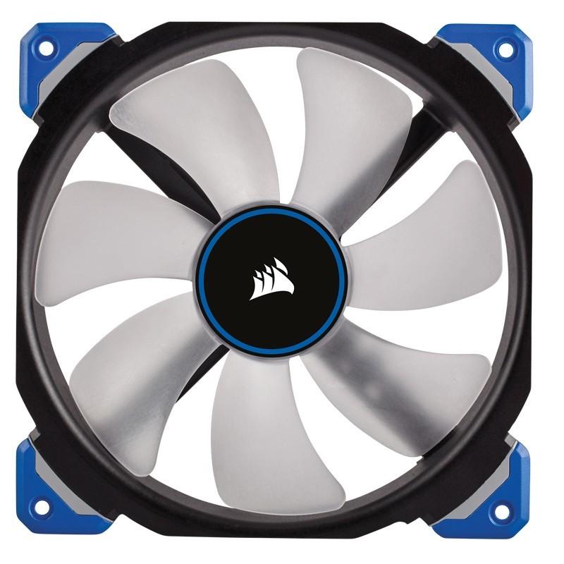 CORSAIR ML140 Pro LED fan in blue, showcasing its premium design and magnetic levitation technology.