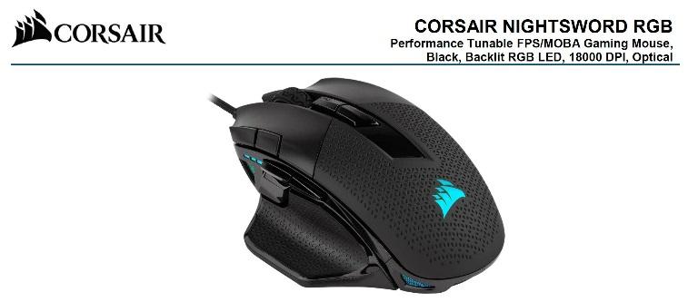 Corsair Nightsword RGB Gaming Mouse with customizable weights and RGB lighting, designed for FPS and MOBA gaming.