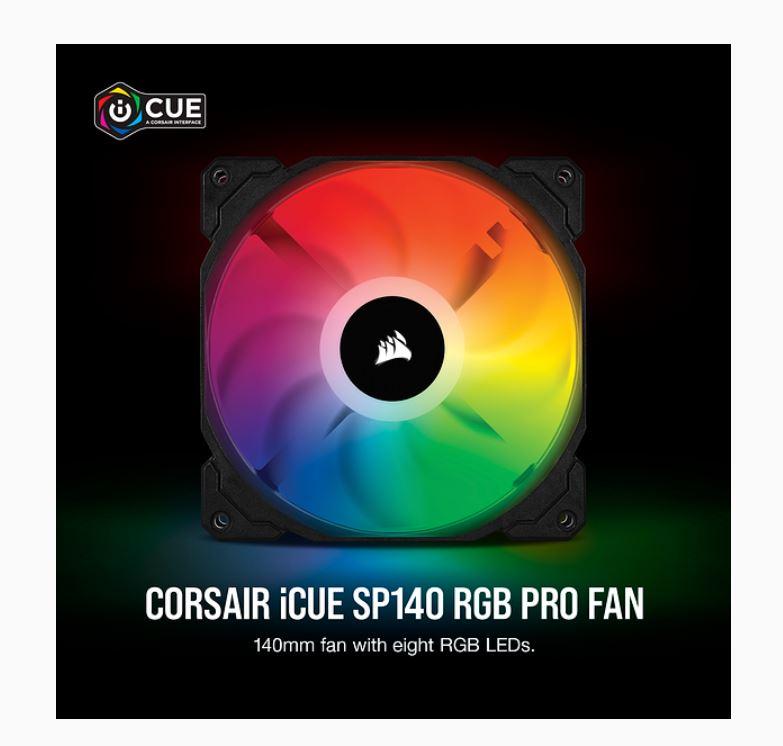 CORSAIR SP 140mm RGB PRO Fan showcasing vibrant RGB lighting and sleek design.