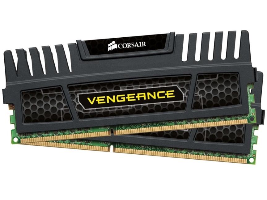 CORSAIR Vengeance 16GB DDR3 1600MHz memory modules in black, showcasing their sleek design and heat spreaders.