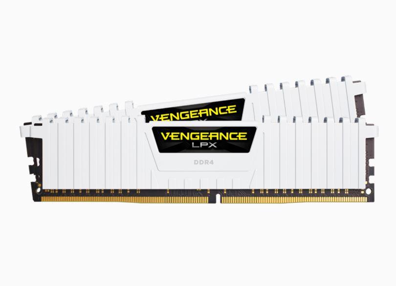 CORSAIR Vengeance LPX 16GB DDR4 3000MHz memory modules in white, showcasing aluminum heatspreaders and sleek design.