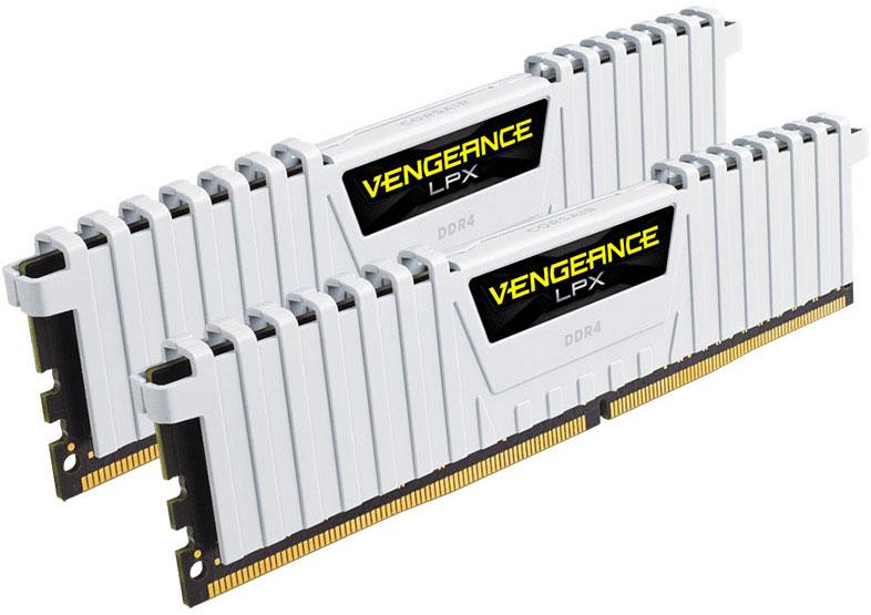 CORSAIR Vengeance LPX 16GB DDR4 3200MHz memory modules in white with aluminum heatspreaders, designed for high-performance gaming.