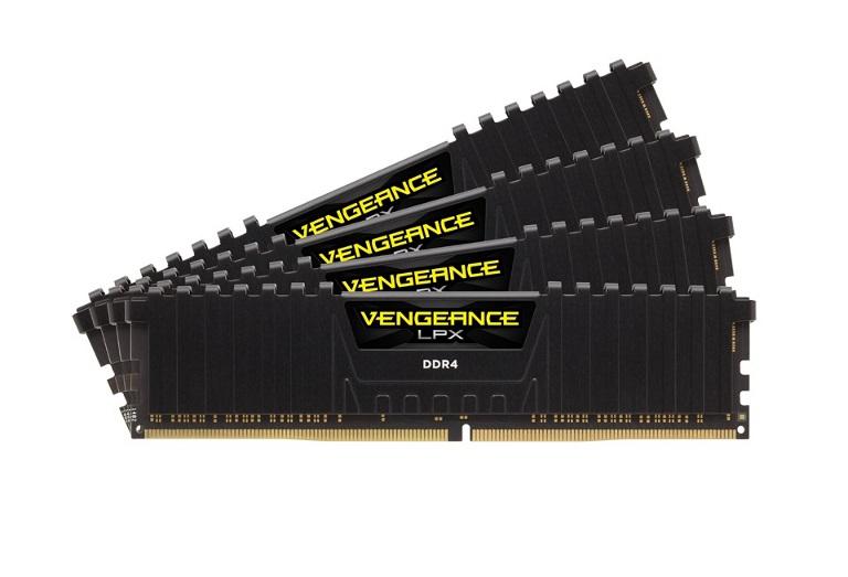 CORSAIR Vengeance LPX 64GB DDR4 memory kit featuring four 16GB modules with aluminum heatspreaders for optimal cooling and performance.