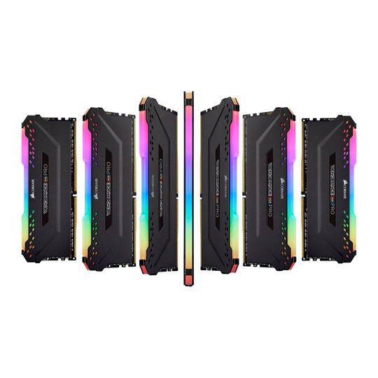 CORSAIR Vengeance RGB PRO 32GB DDR4 memory modules with dynamic RGB lighting, showcasing a sleek design for desktop gaming.