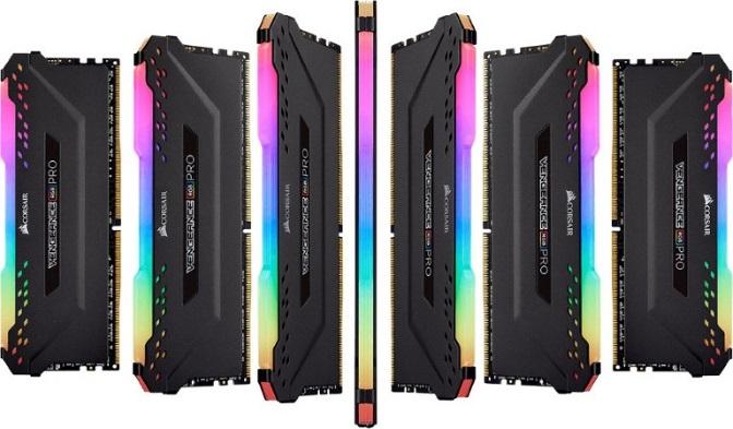 CORSAIR Vengeance RGB PRO 32GB DDR4 memory modules with dynamic RGB lighting, showcasing a sleek design for gaming PCs.