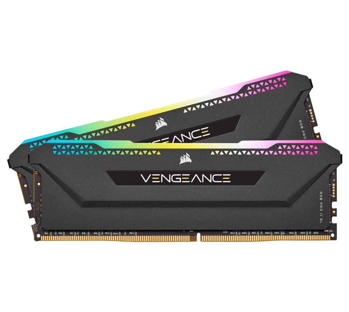 CORSAIR Vengeance RGB PRO SL 16GB DDR4 memory modules with black heatspreaders and RGB lighting.