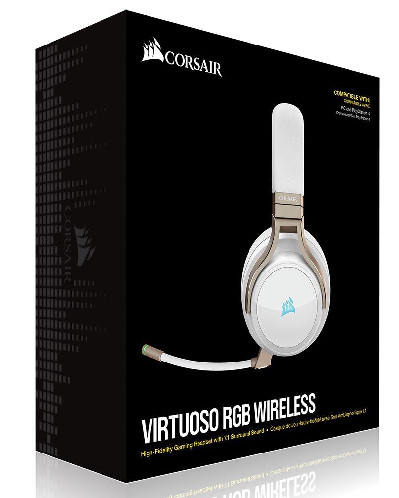 CORSAIR Virtuoso Wireless RGB Pearl 7.1 Headset showcasing its sleek design and premium memory foam earpads.