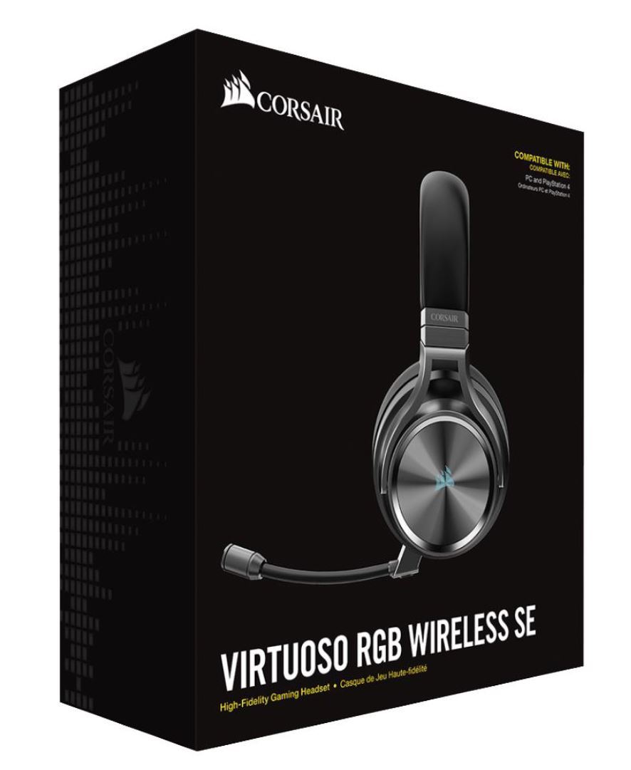 Corsair Virtuoso Wireless RGB SE Gunmetal 7.1 Headset showcasing its sleek design and premium materials.