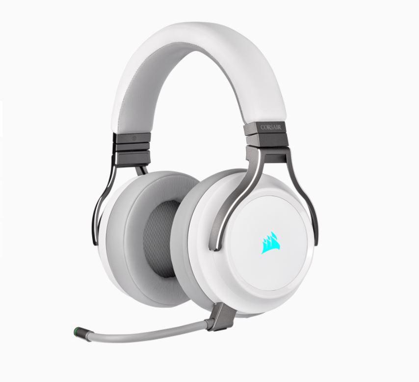 Corsair Virtuoso Wireless RGB White 7.1 Headset showcasing its sleek design and premium memory foam earpads.